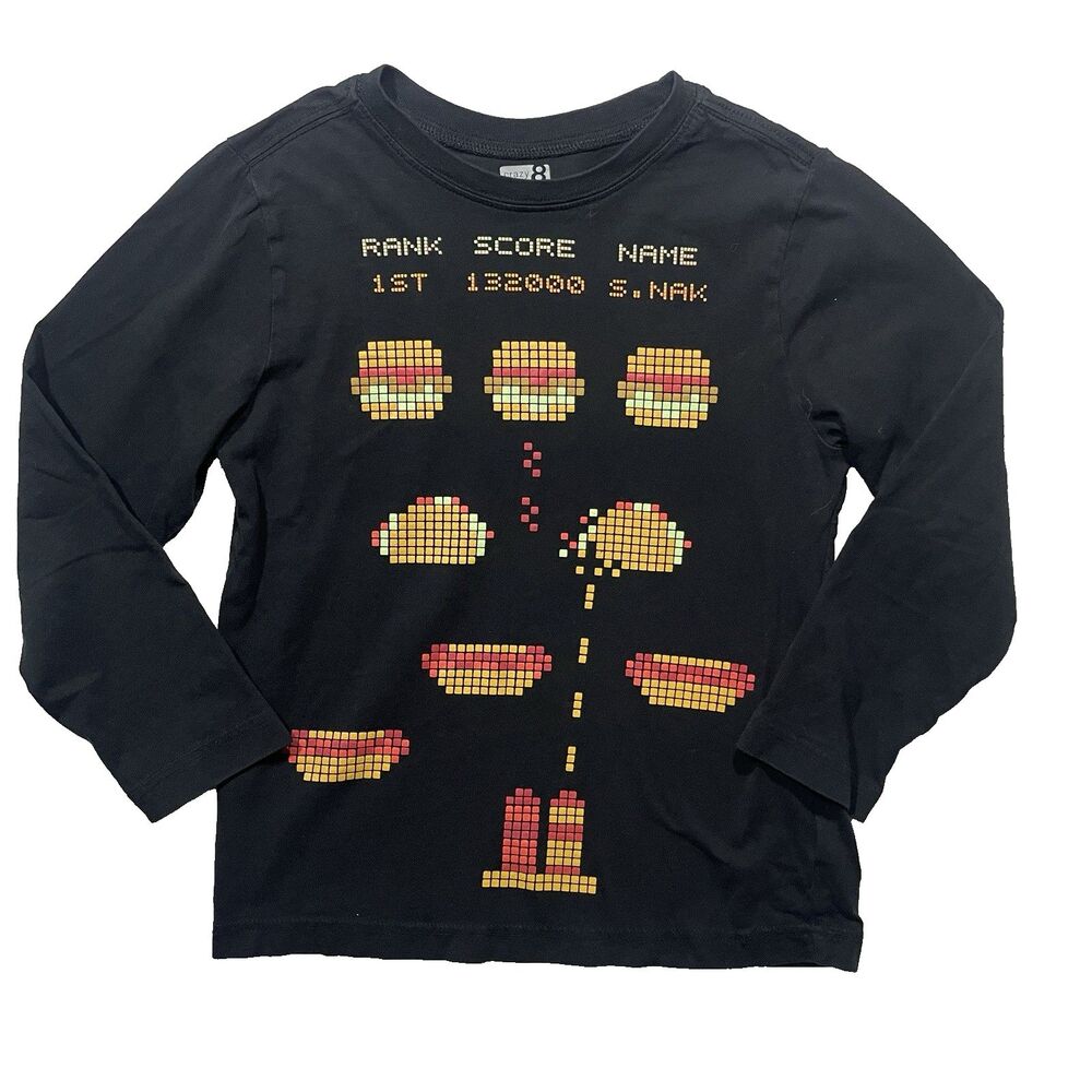 Crazy 8 Boys Long Sleeve Graphic T-Shirt Video Game Food 100% Cotton Size 7-8